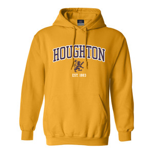 Bright gold hooded sweatshirt with purple and white Houghton applique and embroidered rampant lion and "Est. 1883" below. Bright gold hooded sweatshirt with purple and white Houghton applique and embroidered rampant lion and "Est. 1883" below.