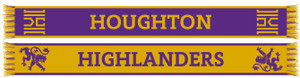 two sides of a scarf: one purple with gold H logo on either end and "Houghton" in the middle and the other gold with purple rampant lions on either side and "Highlanders" in the middle