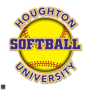 yellow softball with softball written across the middle in purple and gold with Houghton University around the top and bottom in purple and gold. yellow softball with softball written across the middle in purple and gold with Houghton University around the top and bottom in purple and gold.