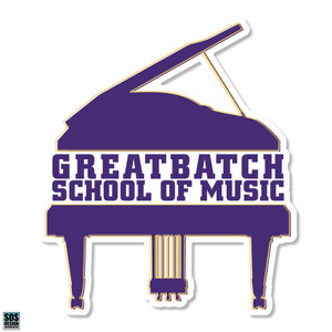 purple and gold piano with Greatbatch School of Music written across the middle purple and gold piano with Greatbatch School of Music written across the middle