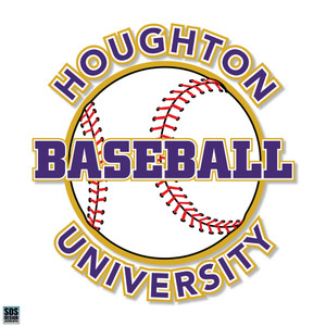 white baseball with baseball written in purple and gold across the middle and Houghton University on the top and bottom