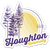 purple and gold die cut sticker with purple pine trees and a gold sun shape behind with Houghton University in script beneath.