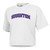 white boxy tee with purple Houghton imprint