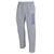 gray sweatpants with purple Houghton Highlanders on left leg