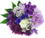 bouquet of 11 stems of purple hued flowers with a white rose
