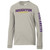 mushroom beige longsleeve tee with "Houghton University" is on the front chest in purple and gold, and "Highlanders"  in purple that runs down the left sleeve.
