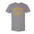 gray tee with gold Houghton Alumni design and est. 1883 and the Houghton logo H inside a flag
