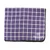 purple and white plaid blanket with white Houghton University logo on the bottom corner