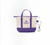 Mini canvas tote bag keychain with purple accents and has the Houghton University logo printed on the bag center in purple.