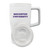 white ceramic travel mug with lid and purple Houghton University imprint