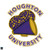 Megaphone and pom poms in purple and gold with Houghton University around the circle
