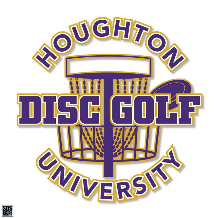 Disc golf net in the background with Houghton University around the top and bottom and disc golf across the middle all in purple and gold