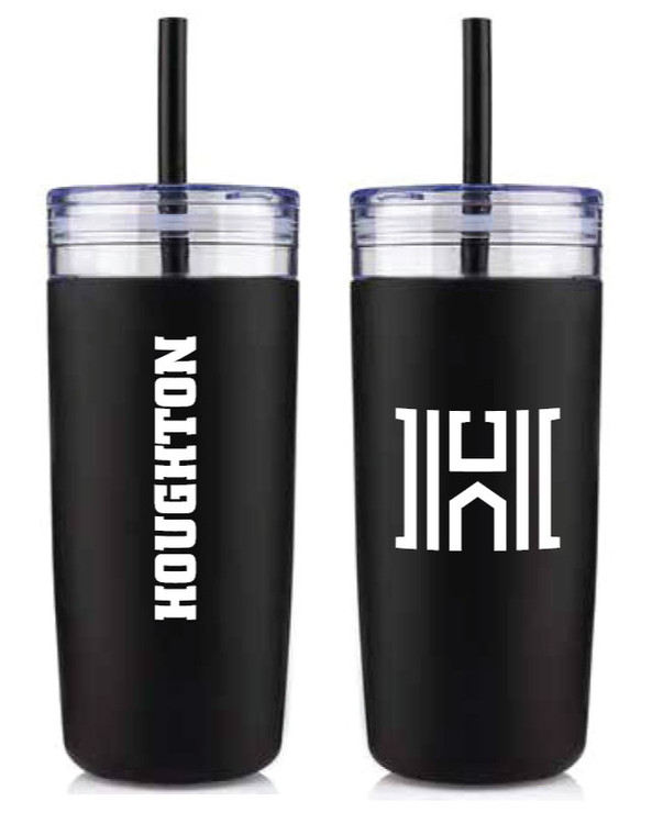 clear tumbler with black silicone sleeve and straw. Item features the H logo on the front with Houghton vertically up the tumbler in white print.