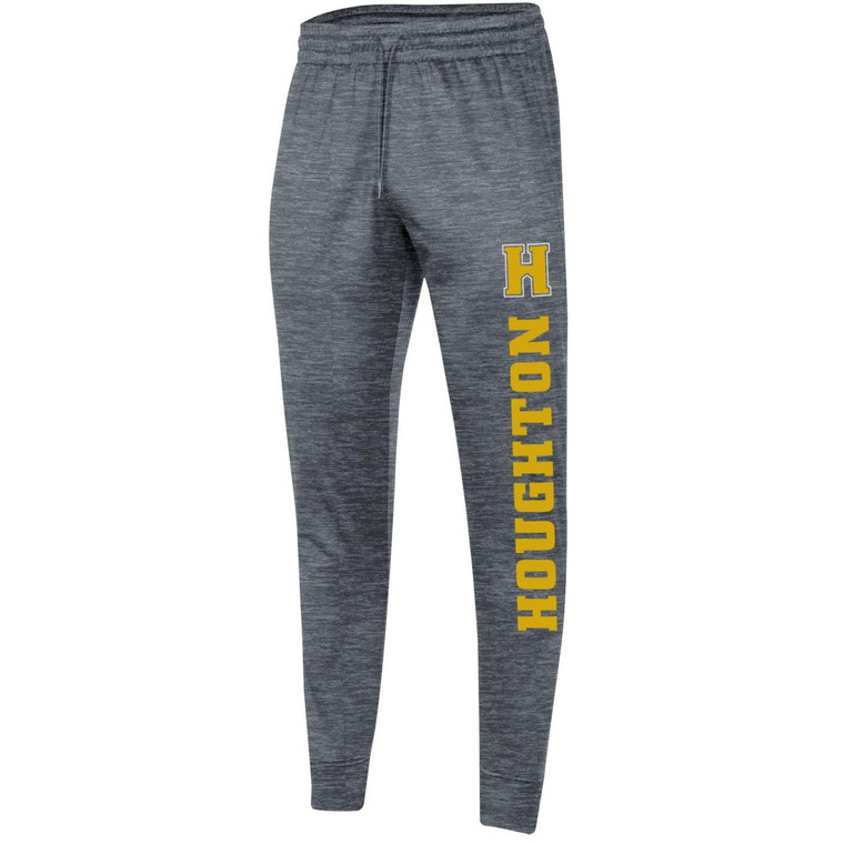 Gray twist Under Armour jogger sweatpants with gold athletic H over Houghton down the left leg