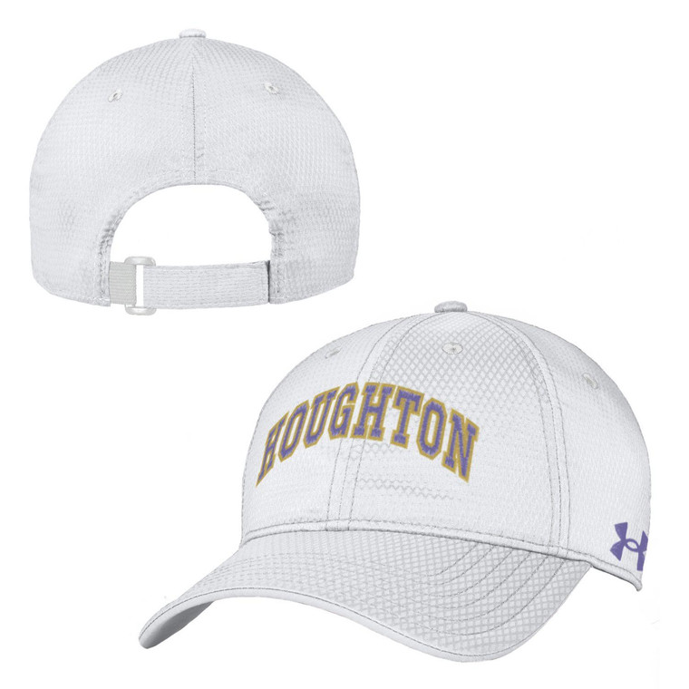 White Under Armour hat with purple Houghton on the front outlined in gold