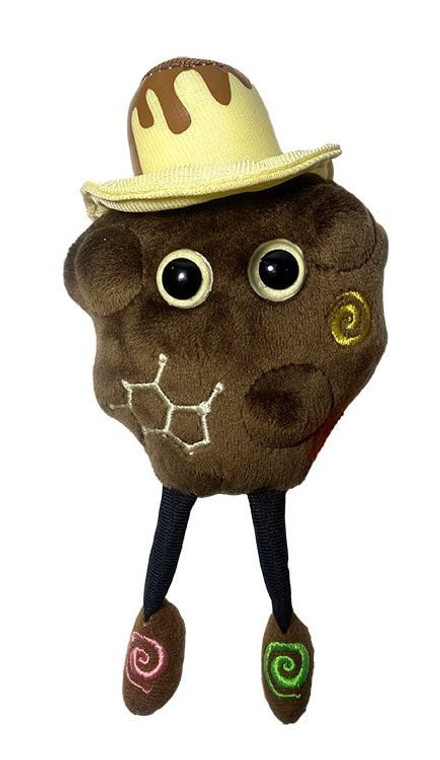 plush chocolate theobromine molecule with a hat and eyes