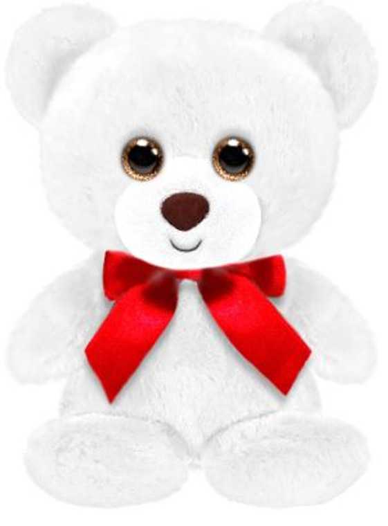 White 5" cubby bear with silky red  ribbon bow around the neck.
