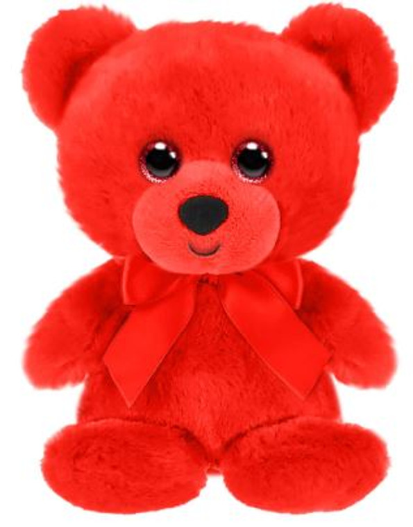 Red 5" cubby bear with silky red  ribbon bow around the neck.