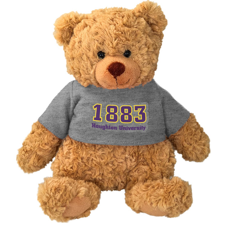 cuddle buddy stuffed animal bear with a gray Houghton University 1883 tee shirt with imprint in purple and gold.