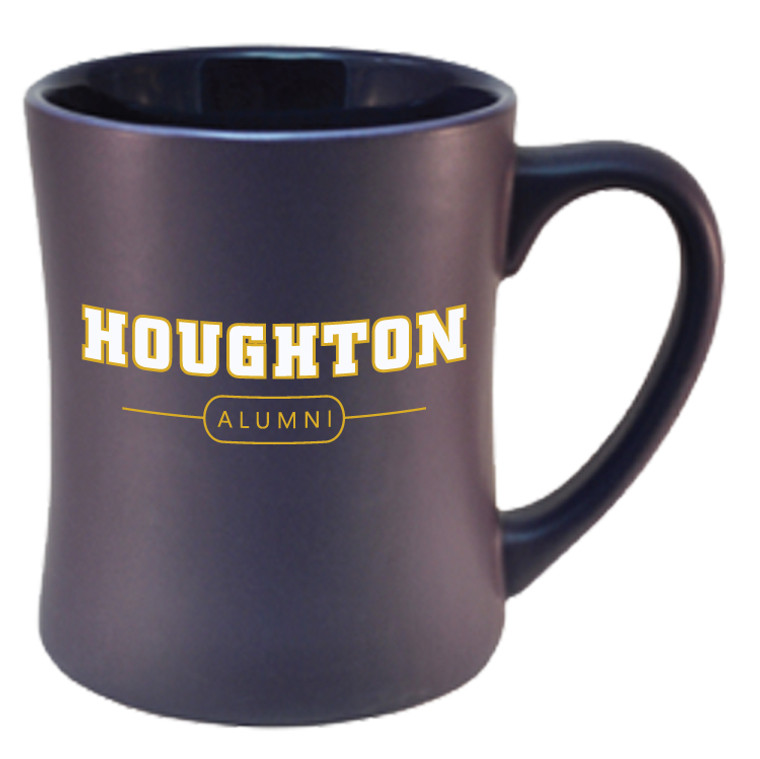 Purple matte mug with white and gold Houghton over alumni within a circle and lines on either side