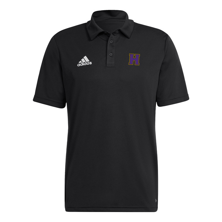 Black Adidas polo with the athletic H in purple outlined in gold on the left chest. The Adidas logo is in white on the right chest.
