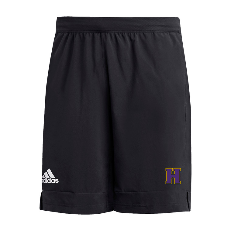 Black Adidas shorts with the athletic H in purple outlined in gold on the left leg. The Adidas logo is in white on the right leg.