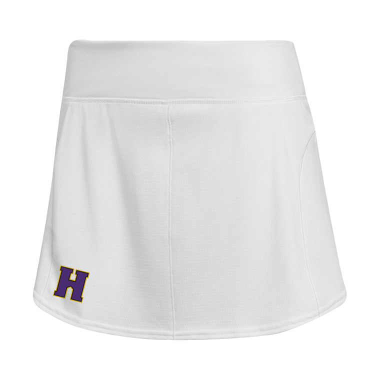 White Adidas tennis skirt with the athletic H in purple outlined in gold on the right.