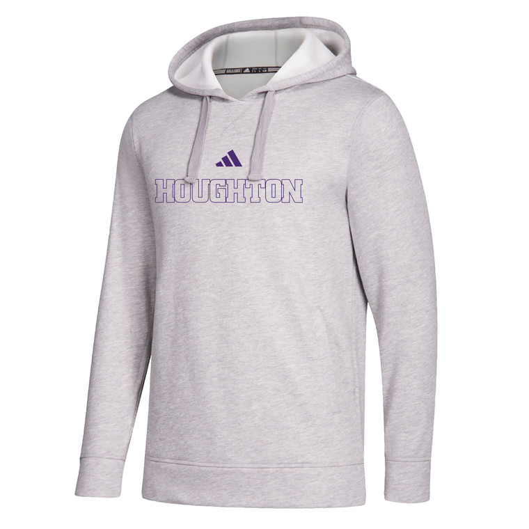 Gray Adidas hood with outline of Houghton in purple on the front