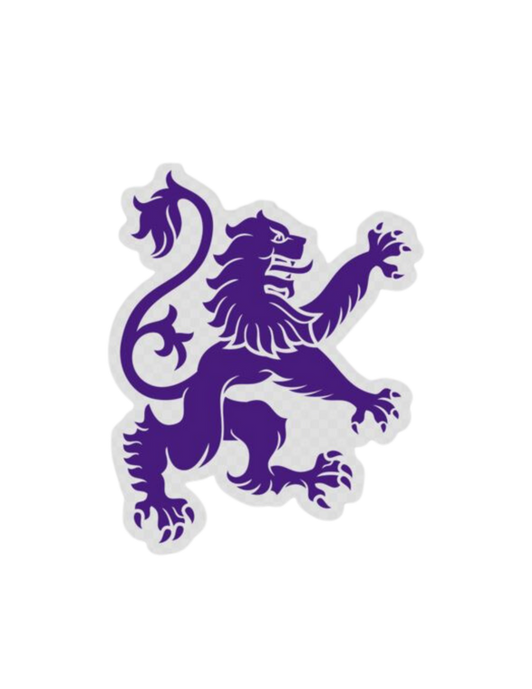 3 inch clear vinyl sticker with purple rampant lion.