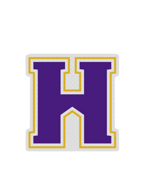 3 inch clear vinyl sticker with purple and gold athletic H logo