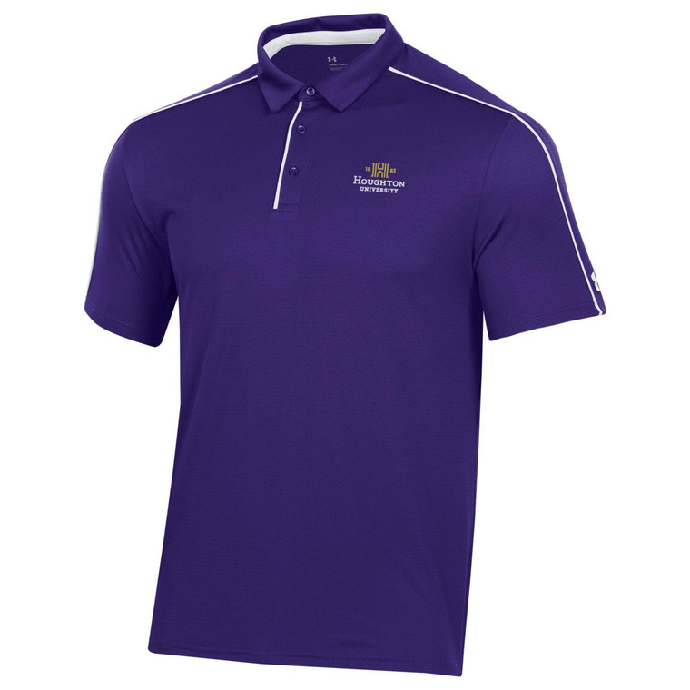 Purple polo with the Houghton University logo in gold and white on the left chest