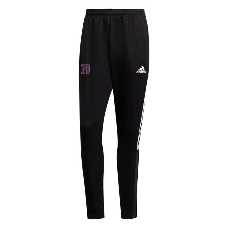 Black Adidas pants featuring the Houghton athletic H in purple outlined in gold on the right leg and the Adidas logo in white on the left leg.