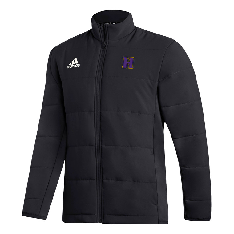Black jacket with the purple Athletic H outlined in gold on the left chest and the white Adidas logo on the right chest