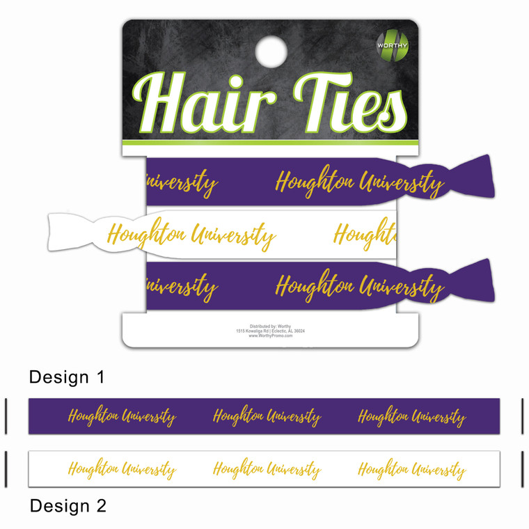 purple and white hair ties with Houghton University in gold script font