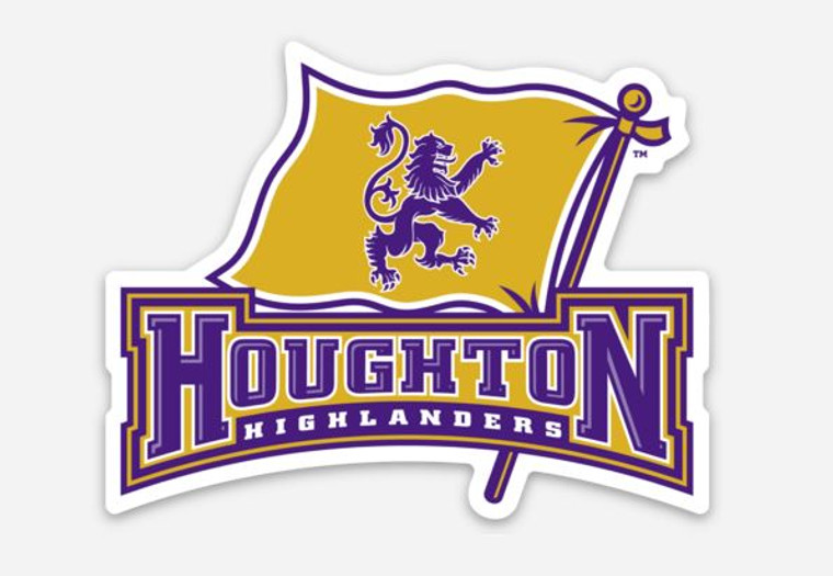 Houghton Highlanders flag logo in purple and gold with rampant lion on flag