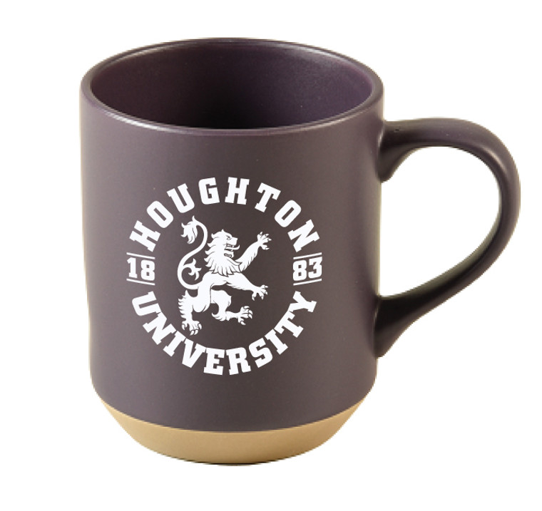 Sandstone purple mug with white Houghton University in a circle around the rampant lion and 18 83 on either side.