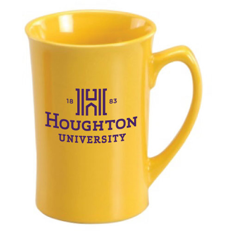 14 oz. ceramic gold mug with purple Houghton University logo on both sides.