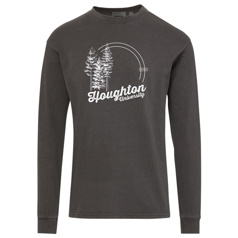 Charcoal longsleeve t-shirt with white tree imprint within an arc and script Houghton University beneath.