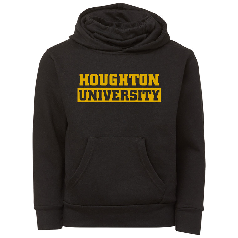 black youth hoodie with face warmer and gold Houghton University on the front