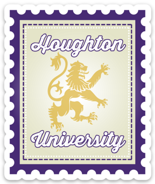 purple rippled border like a stamp with Houghton University and gold rampant lion on a cream background