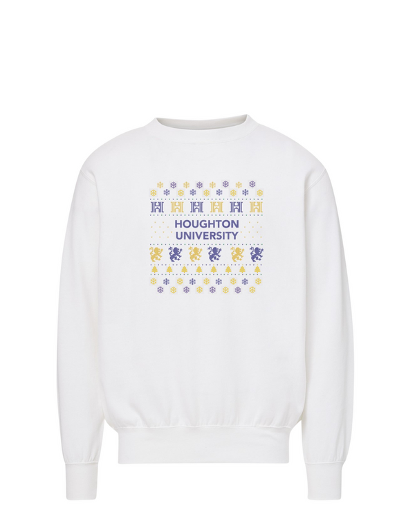 white crew with purple Houghton University and purple and gold logo H, snowflakes, rampant lion, and Christmas trees