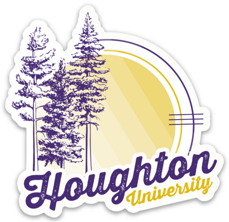 purple and gold die cut sticker with purple pine trees and a gold sun shape behind with Houghton University in script beneath.
