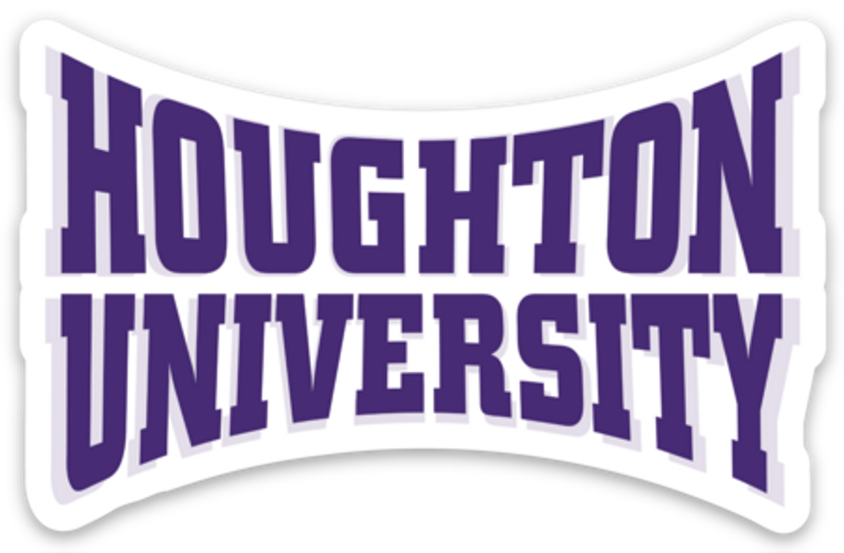 Houghton University concave sticker with words in purple on a white background.