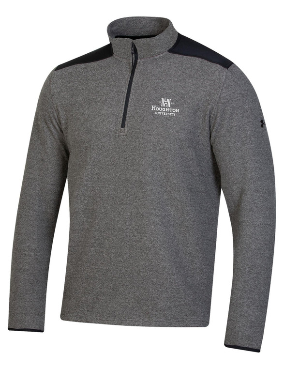 black heather 1/4 zip with black shoulder at the top and a white Houghton University logo on the left chest