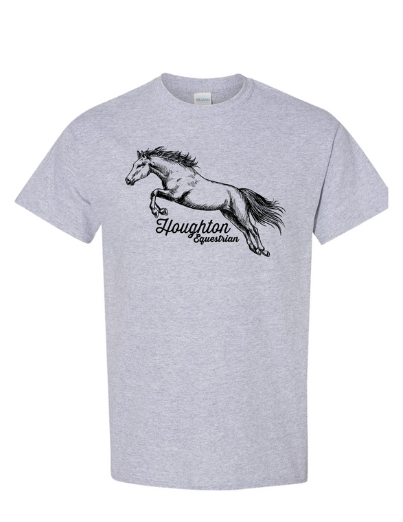 gray t-shirt with a horse jumping over a "HOUGHTON EQUESTRIAN" script imprint in black.