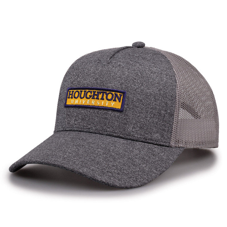 charcoal gray hat with purple and gold twill rectangular Houghton University patch on the front