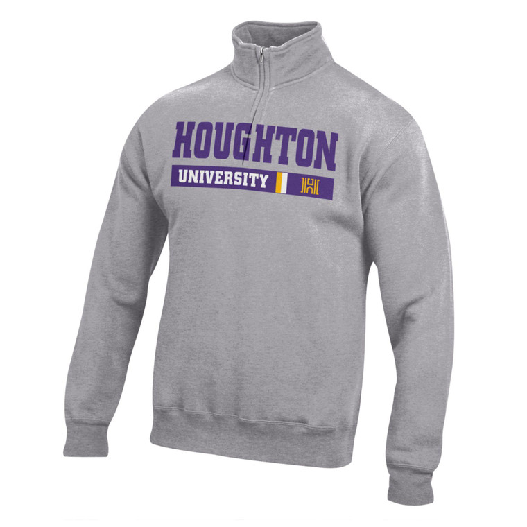 gray 1/4 zip with purple Houghton University and logo H beneath with a white and gold line in between University and the logo