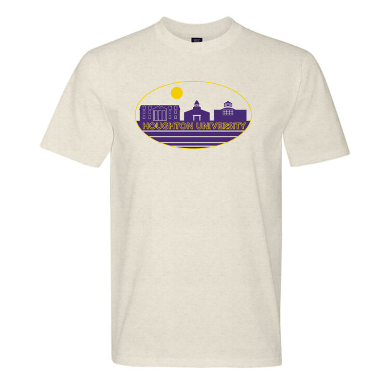 cream t-shirt with purple and gold 3 campus buildings and Houghton University