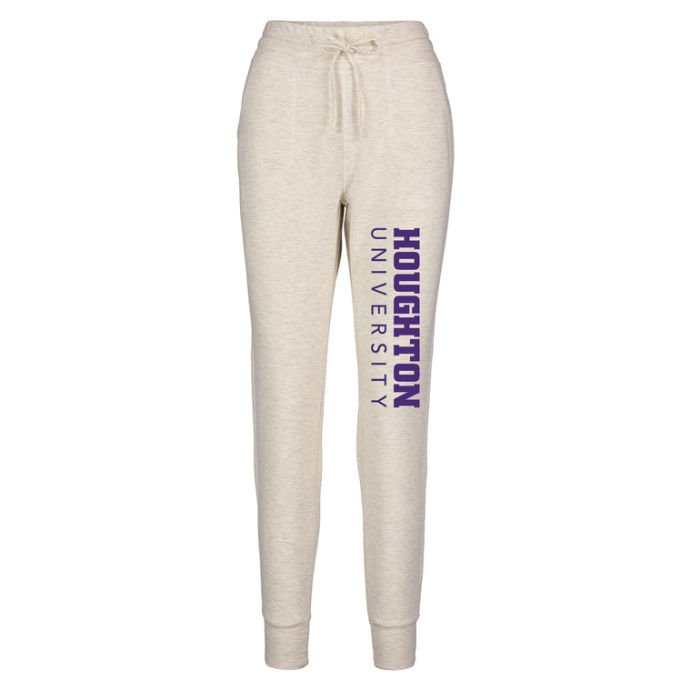 oatmeal jogger sweatpants with a purple Houghton University imprint on the left leg