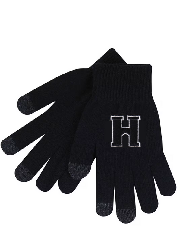 Black gloves with a black athletics logo H outlined in white